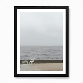 White Chairs art photo photography beige gray rainy day sea water lonelines serene contemporary Art Print