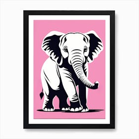 Playful Elephant Calf On Solid pink Background, modern animal art, baby elephant Art Print