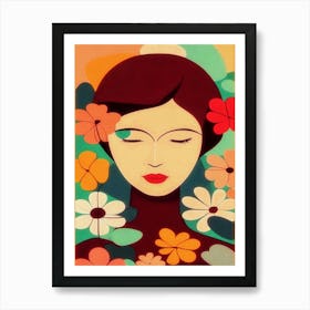 Woman With Flowers, Retro Motif, Grainy Texture Art Print