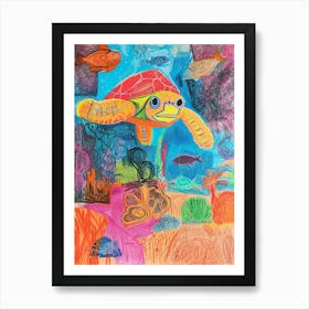 Abstract Rainbow Sea Turtle Underwater Crayon Drawing 1 Art Print