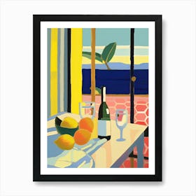 Painting Of A Lemons And Wine, Frenchch Riviera View, Checkered Cloth, Matisse Style 7 Art Print