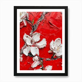 Cherry Blossoms On Red Background Art Print