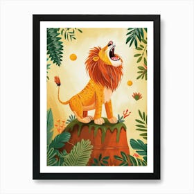 African Lion Roaring On A Cliff Illustration 3 Art Print