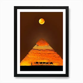 Camel Train And Pyramid Art Print