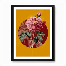 Vintage Botanical Gallic Rose Rosa Gallica Aurelianensis on Circle Red on Yellow n.0101 Art Print