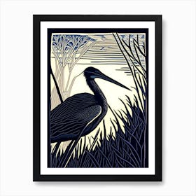 Black Heron Vintage Linocut 2 Art Print
