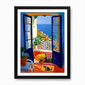 Open Window With Cat Matisse Style Amalfi Coast 3 Art Print