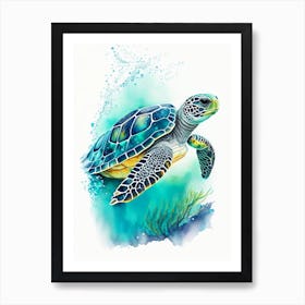 Sea Turtle In Deep Ocean, Sea Turtle Watercolour 2 Art Print