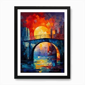 Stone Bridge at Sunset II, Abstract Vibrant Colorful Painting in Van Gogh Style Art Print
