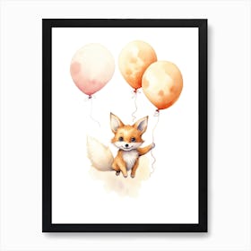 Baby Fox Flying With Ballons, Watercolour Nursery Art 1 Art Print