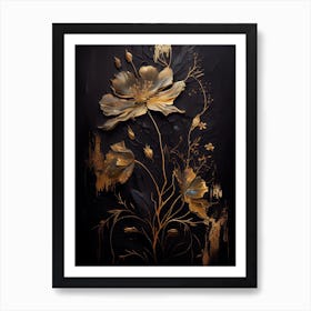 Gold Flowers On Black Background Art Print