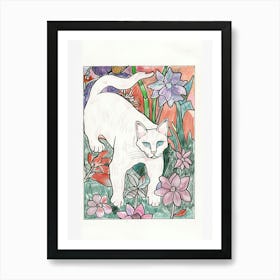 Cute White Cat With Flowers Illustration 1 Art Print