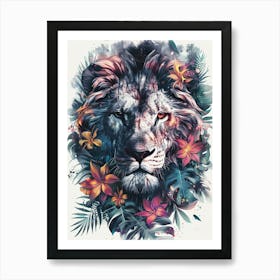 Double Exposure Realistic Lion With Jungle 19 Art Print