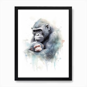 Baby And Mama Gorilla Art Watercolour Nursery 3 Art Print