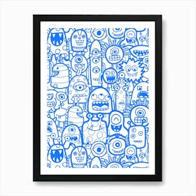 Cute Clusters of Monsters and Aliens Blue and White Kids Art Print