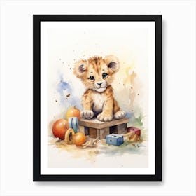 Playing With Wooden Toys Watercolour Lion Art Painting 4 Art Print