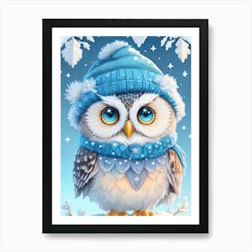 Cute Owl With A Blue Hat Illustration Art Print