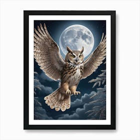 Owl In Flight Full Moon Wildlife Art Print