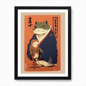 Frog And Cat, Matsumoto Hoji Inspired Japanese Woodblock 3 Art Print