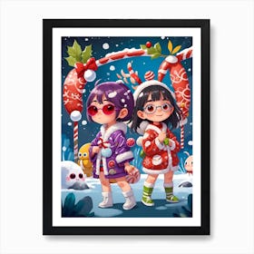 Two Girls In Christmas Outfits Art Print