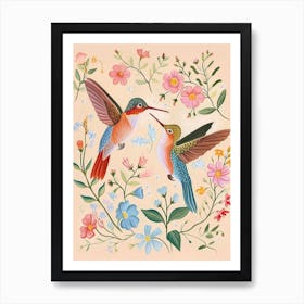 Folksy Floral Animal Drawing Hummingbird Art Print