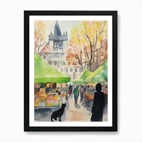 Food Market With Cats In Berlin 1 Watercolour Art Print