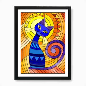 Stained Glass Illustration With Abstract Blue Geometric Cat On An Orange Background Art Print