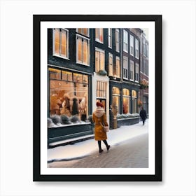 Amsterdam cafes, winter season, Christmas, autumn oil colors, pale colors, pedestrians in the street, winter clothes, falling snow.10 1 Art Print