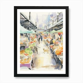 Food Market With Cats In Tokyo 2 Watercolour Art Print