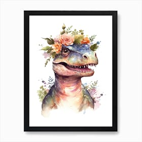 Tyrannosaurus Rex With A Crown Of Flowers Cute Dinosaur Watercolour 1 Art Print