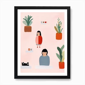 Tiny People At The Cat Cafe Illustration 7 Art Print