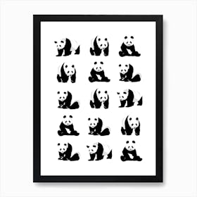 Panda Bears Pattern Black and White Art Print