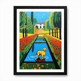 A Painting Of A Dog In The Palace Of Versailles Gardens, France In The Style Of Pop Art 02 Art Print