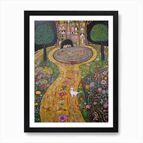 Painting Of A Dog In Cosmic Speculation Garden, United Kingdom In The Style Of Gustav Klimt 01 Art Print