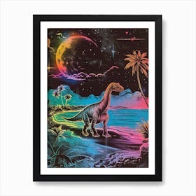 Neon Linework & Black Dinosaur On The Beach Art Print