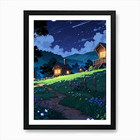 Night Scene With Cottages Art Print