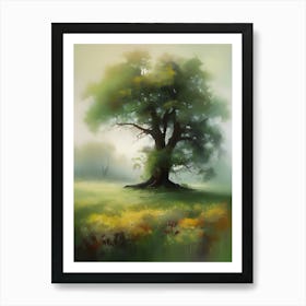 Oak tree, fine work of art, misty atmosphere, green meadow..6 Art Print