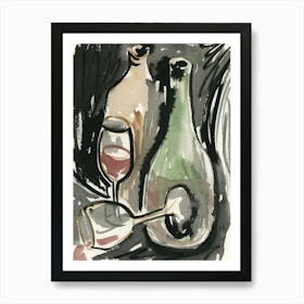 Bottles And Glasses - ink watercolor still life kitchen cafe bar drinks hand painted black green beige Art Print