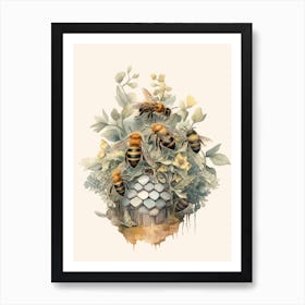 Ashy Mining Bee Beehive Watercolour Illustration 3 Art Print