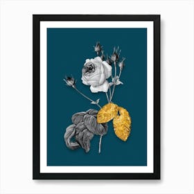 Vintage Cabbage Rose Black and White Gold Leaf Floral Art on Teal Blue n.0382 Art Print