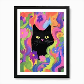 Black Cat In Colourful Flower Background Art Print