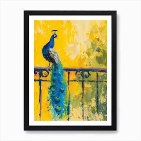 Brushstroke Yellow Blue Peacock On Winding Railing Art Print