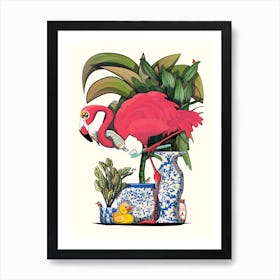 Flamingo Cleaning Teeth in Bathroom Art Print