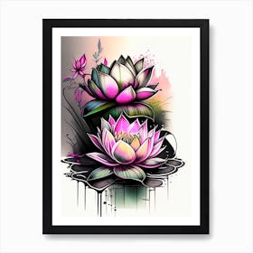 Lotus Flowers In Garden Graffiti 1 Art Print