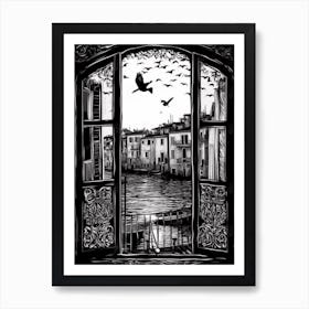 A Window View Of Venice In The Style Of Black And White Line Art 2 Art Print