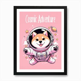 A Cute Happy Shiba Inu Astronaut On A Pink Background Art Print