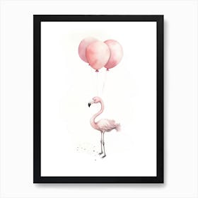 Baby Flamingo Flying With Ballons, Watercolour Nursery Art 3 Art Print
