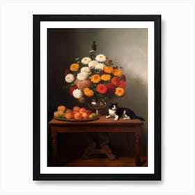 Painting Of A Still Life Of A Chrysanthemums With A Cat, Realism 3 Art Print