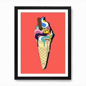 Happy Rave Psychedelic Smiley Face Ice Cream Cone Art Print