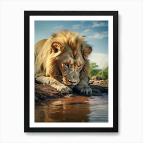 African Lion Drinking Water Realism 5 Art Print